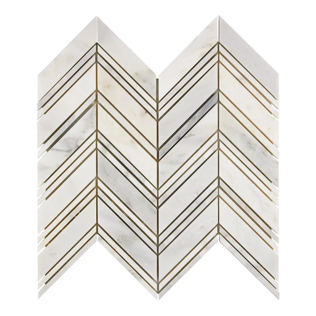 Chevron patterned marble tile in Oriental White and Asian Statuary finish