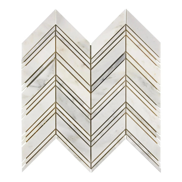 Chevron patterned marble tile in Oriental White and Asian Statuary finish