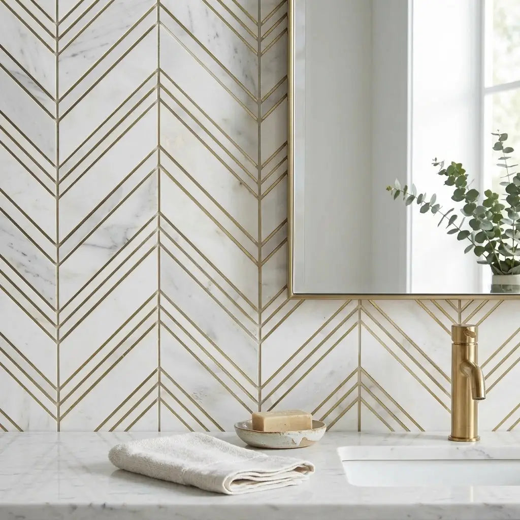 White marble mosaic tiles with gold-toned chevron patterns adorn the bathroom wall in oriental white asian statuary style