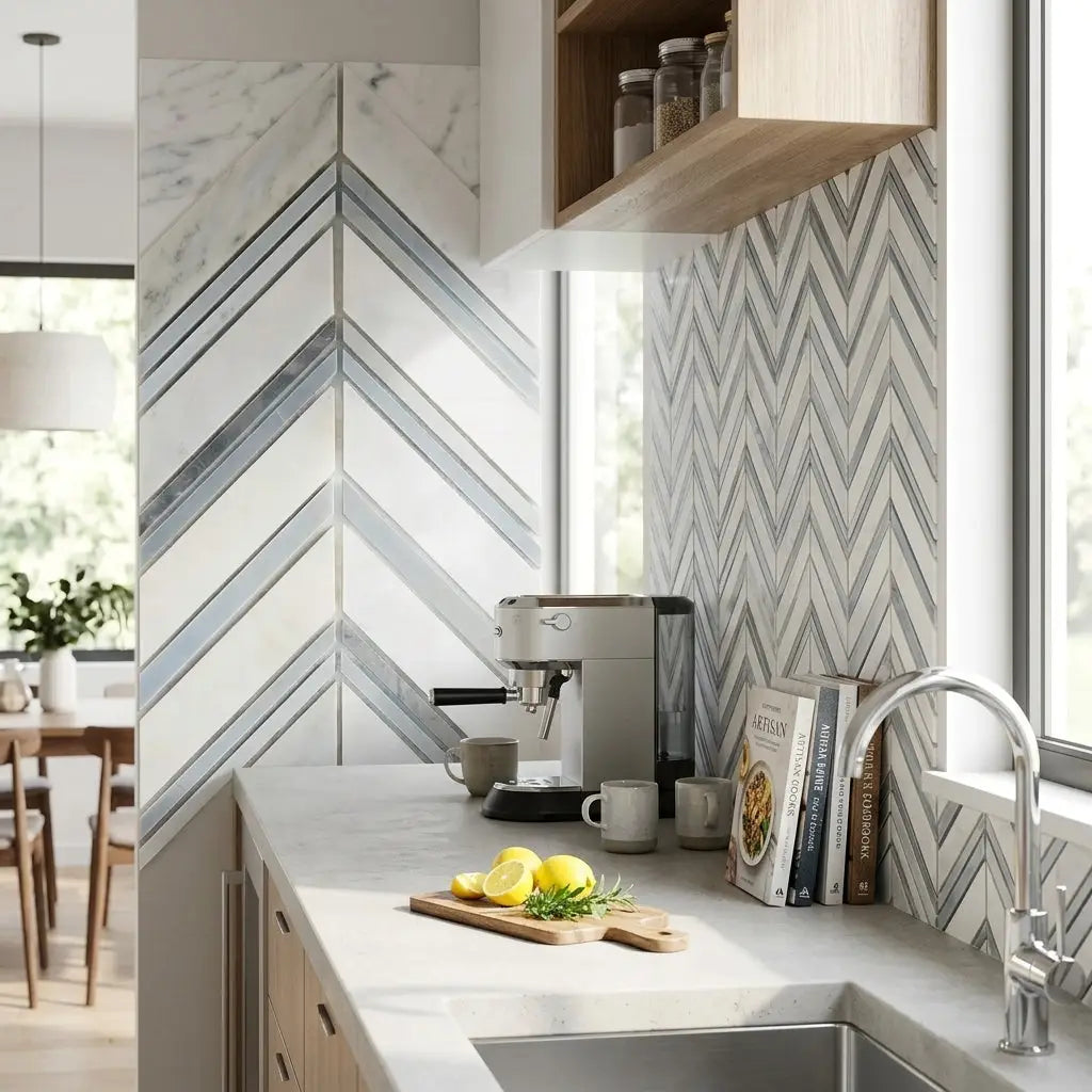 Silver espresso machine with black accents and modern design alongside Oriental White Asian Statuary Chevron marble mosaic