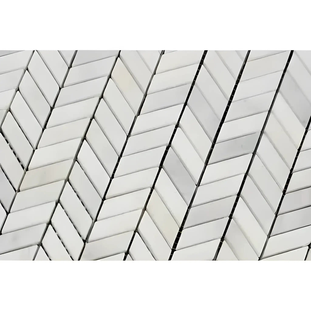 White herringbone tile pattern in Oriental White Asian Statuary Chevron Mini Marble Mosaic