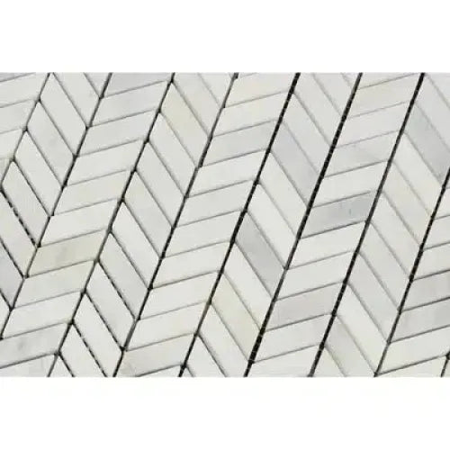 White herringbone tile pattern in Oriental White Asian Statuary Chevron Mini Marble Mosaic