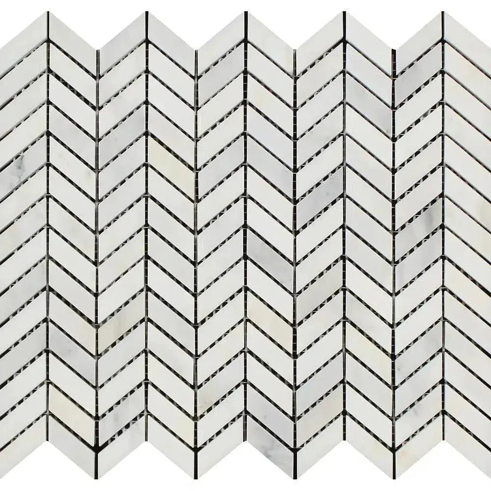 White marble chevron mosaic tile in Oriental White Asian Statuary design