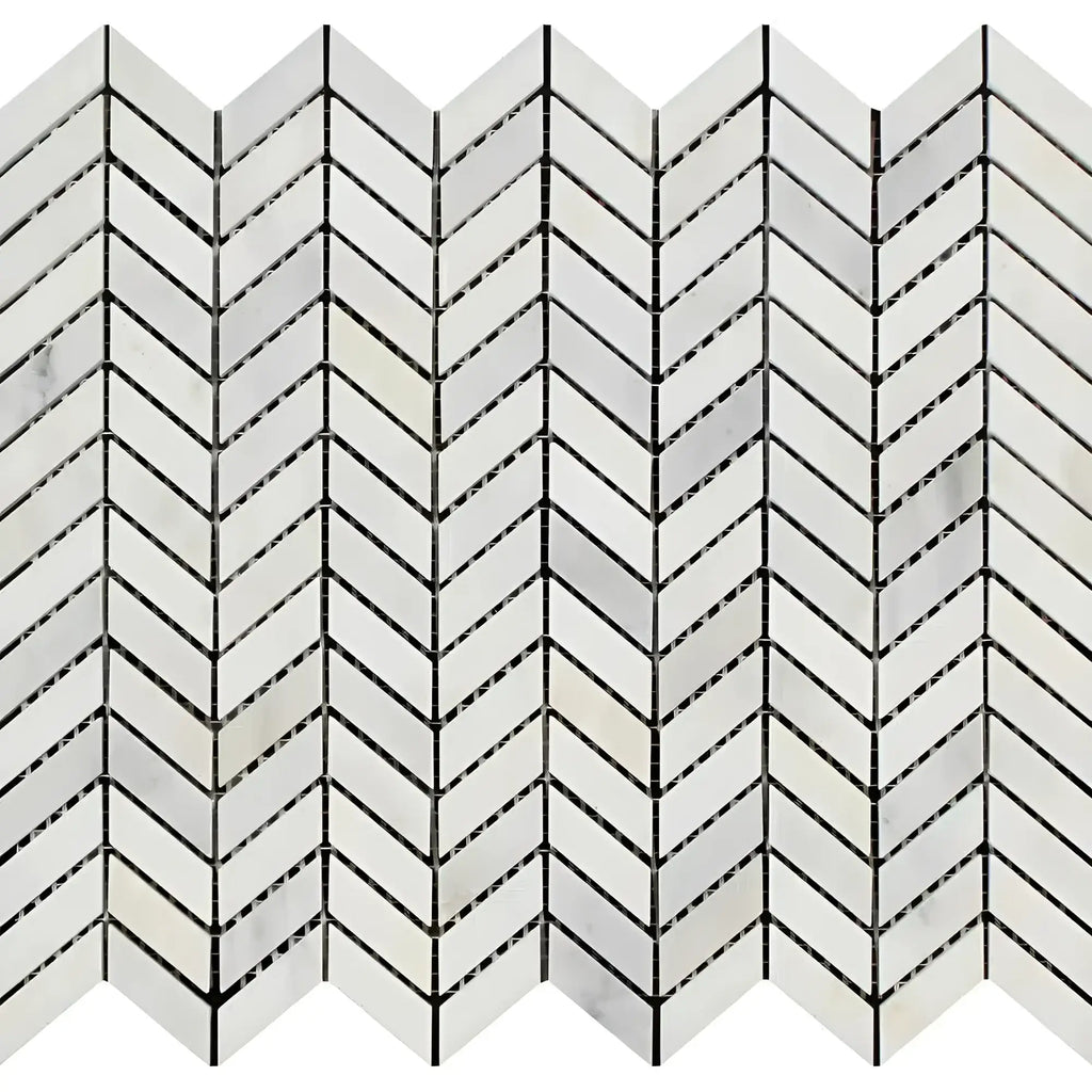 White marble chevron mosaic tile in Oriental White Asian Statuary design