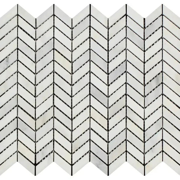 White marble chevron mosaic tile in Oriental White Asian Statuary design