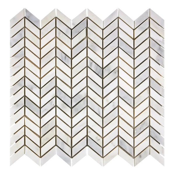 Chevron patterned Oriental White and Asian Statuary marble tile mosaic in polished finish