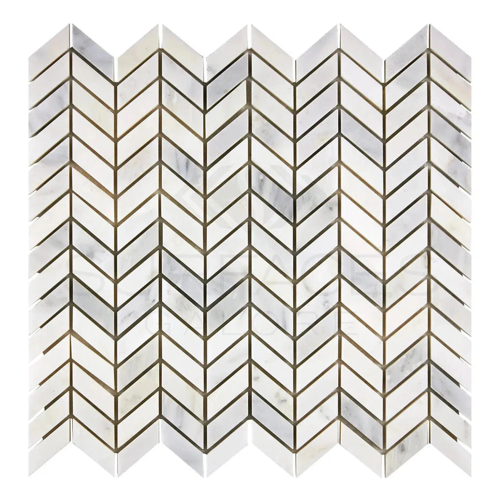 Chevron patterned marble tile from Oriental White Asian Statuary collection