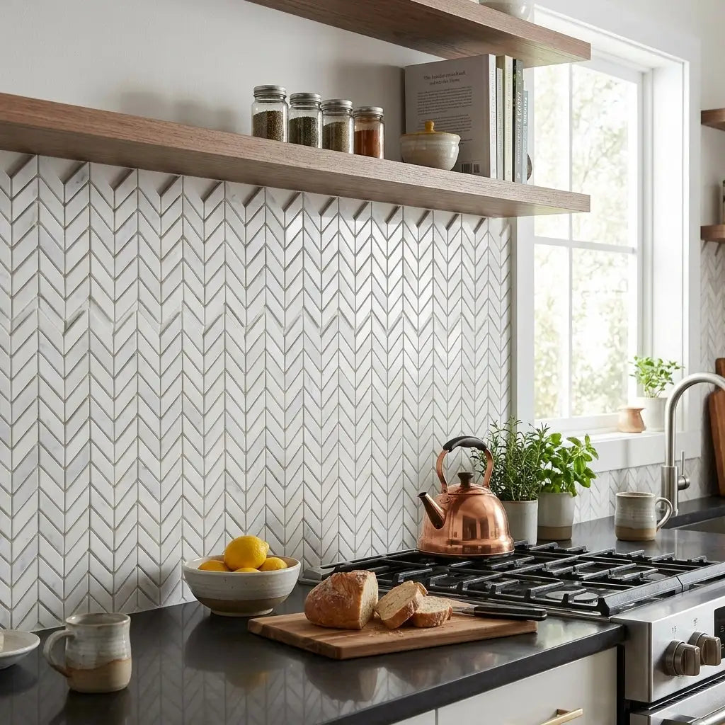 Oriental White Asian Statuary chevron mini marble mosaic polished backsplash tiles with white herringbone pattern and gray veining