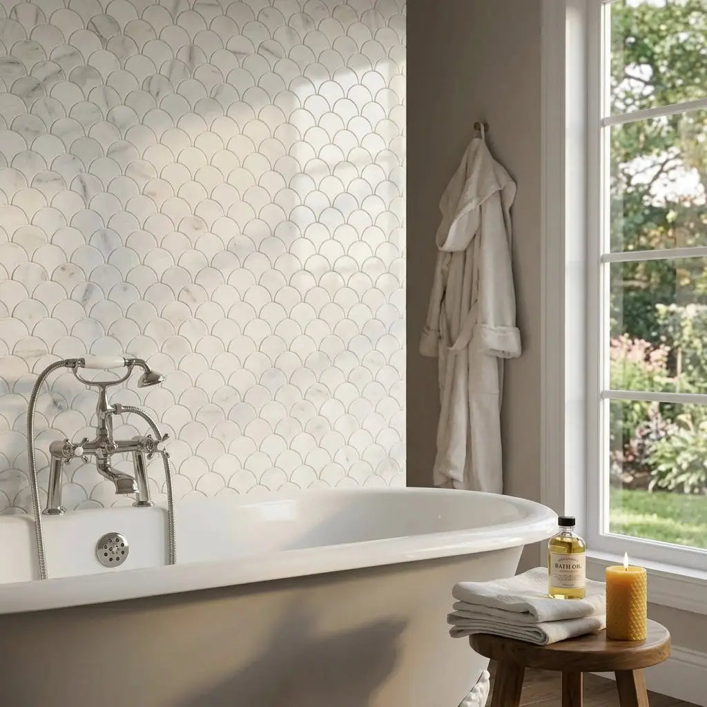 White scalloped marble tile backsplash in oriental white asian statuary fan raindrop polished marble mosaic design