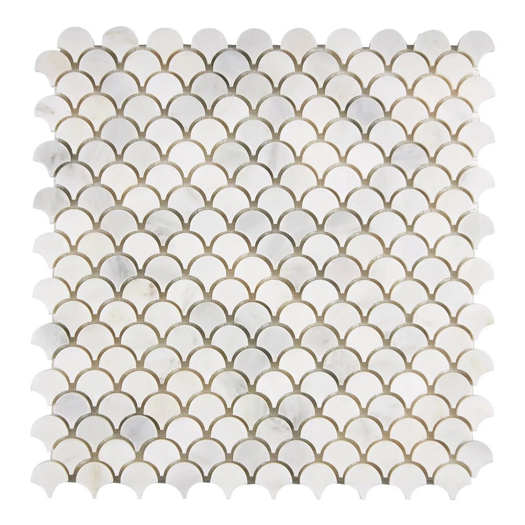 White marble scallop tile mosaic in Oriental White Asian Statuary Fan design