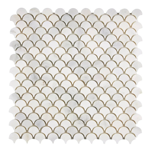 White marble scallop tile mosaic in Oriental White Asian Statuary Fan design