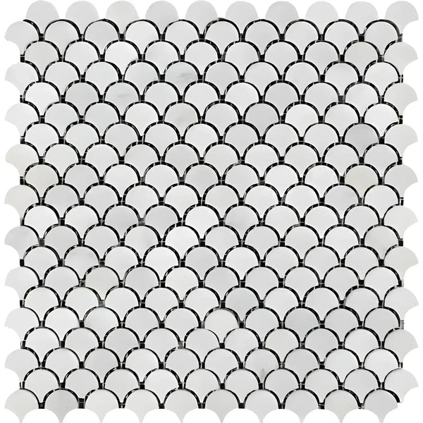 White scallop tile mosaic from Oriental White Asian Statuary FAN Marble Mosaic