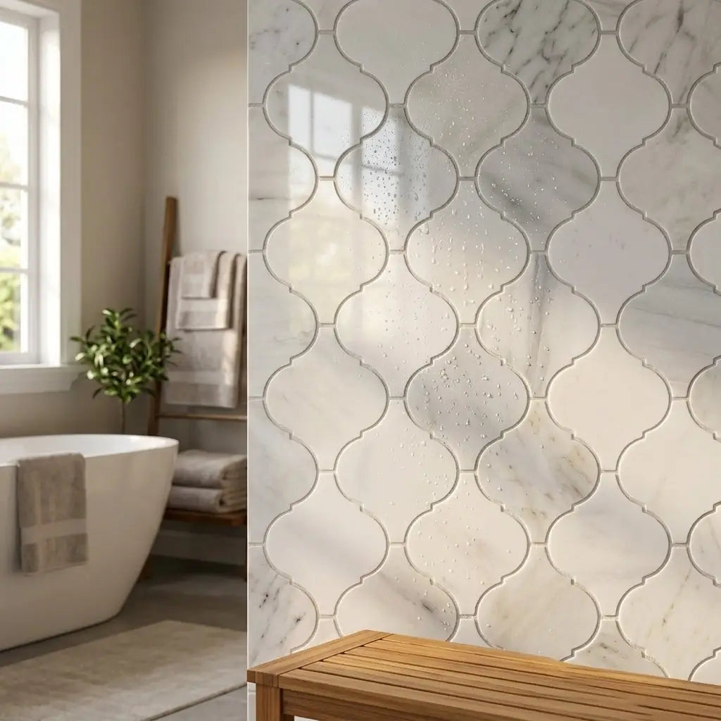 White marble mosaic tiles with a quatrefoil pattern in oriental white asian statuary lantern 3 inch polished finish