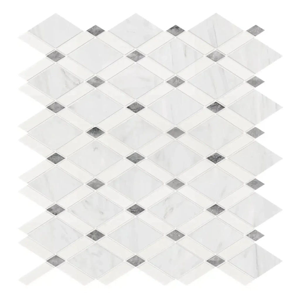 White and gray diamond mosaic tile in Oriental White Asian Statuary Lattice marble