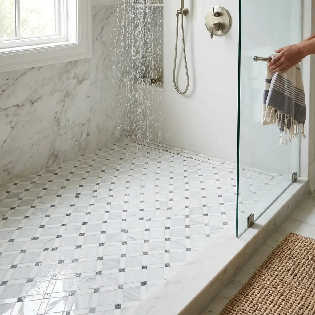 A hand holds a striped towel with fringed edges alongside oriental white asian statuary lattice marble mosaic tiles