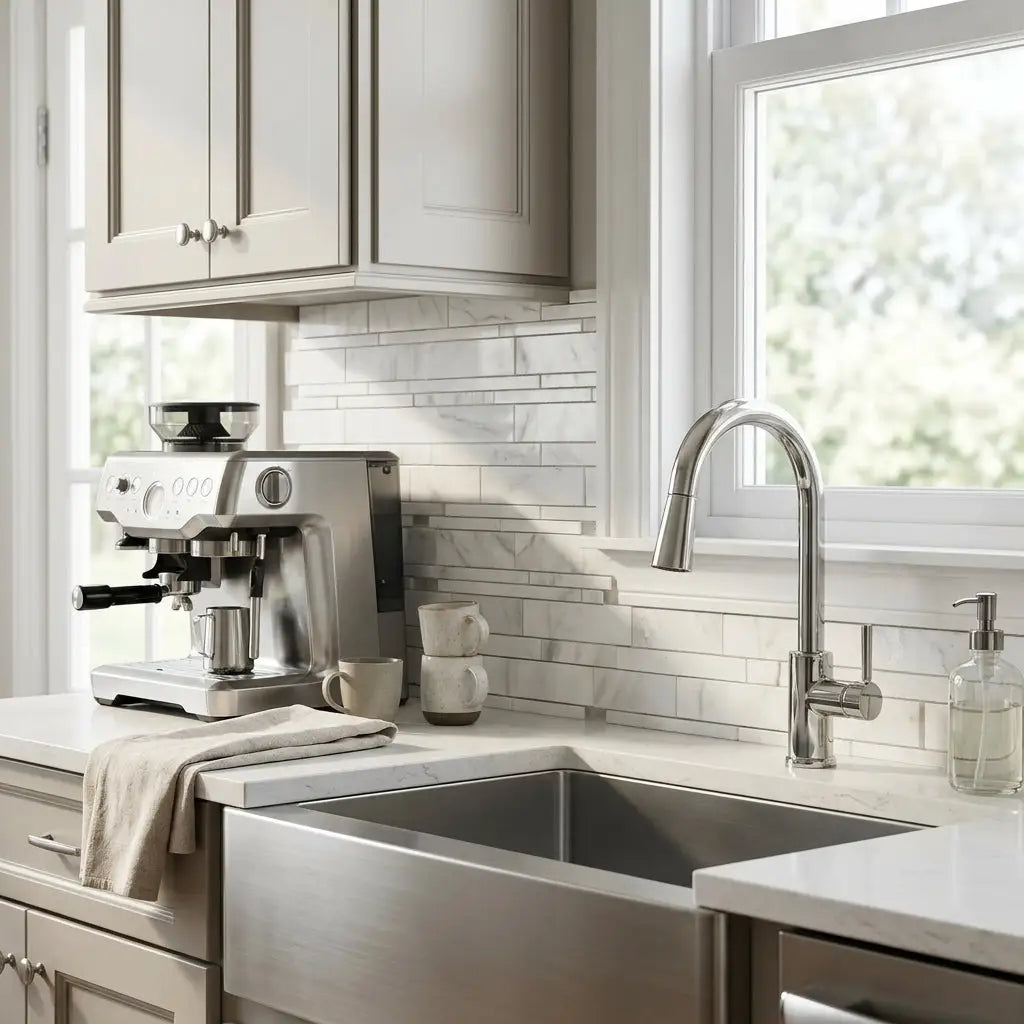 Stainless steel gooseneck faucet with sleek modern design paired with oriental white asian statuary manhattan marble mosaic