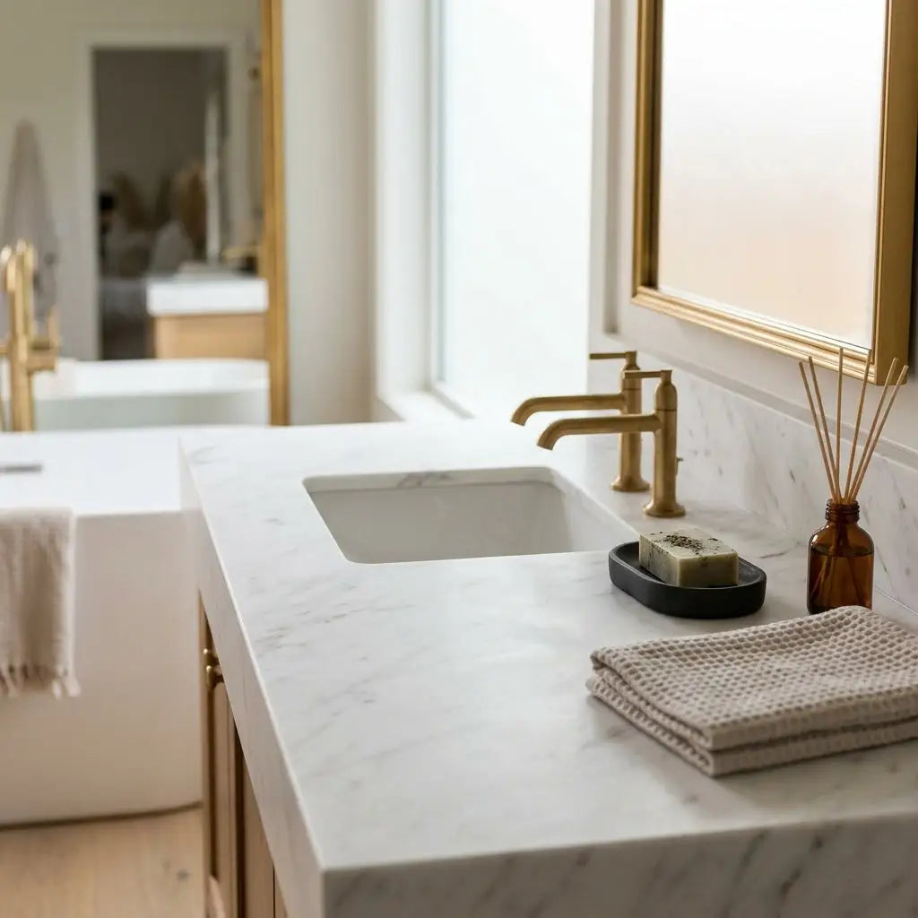 White marble bathroom countertop with integrated sink and gold-toned faucets in oriental white asian statuary marble 12x12 polished