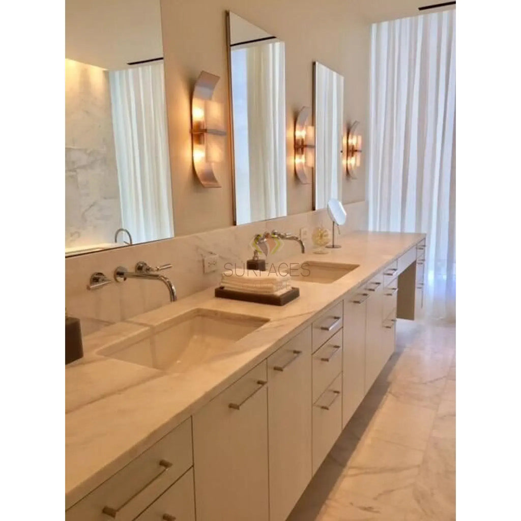 Bathroom vanity featuring double sinks made of Oriental White Asian Statuary Marble