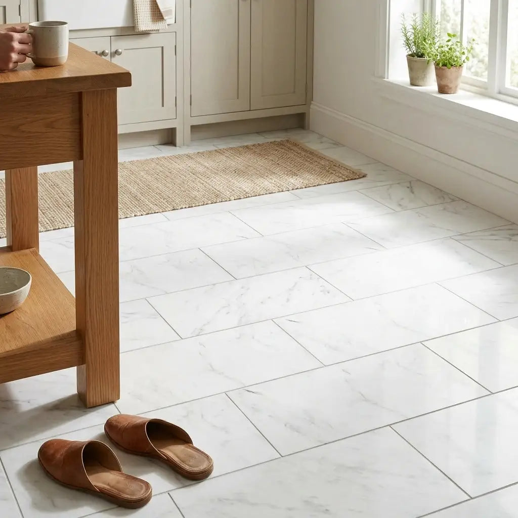 White marble-effect floor tiles with subtle gray veining oriental white asian statuary marble 12x24 polished or honed
