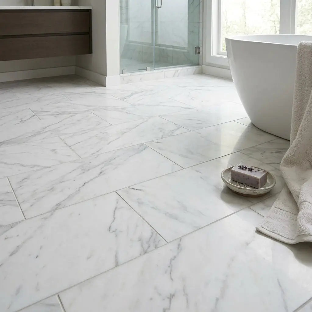 White marble-effect oriental white asian statuary marble 12x24 polished floor tiles with gray veining in herringbone pattern