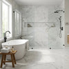 White marble veined oriental white asian statuary marble 12x24 polished tiles covering bathroom walls and floor