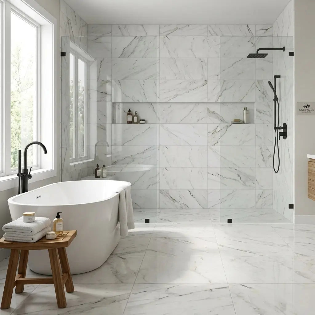 White marble veined oriental white asian statuary marble 12x24 polished tiles covering bathroom walls and floor