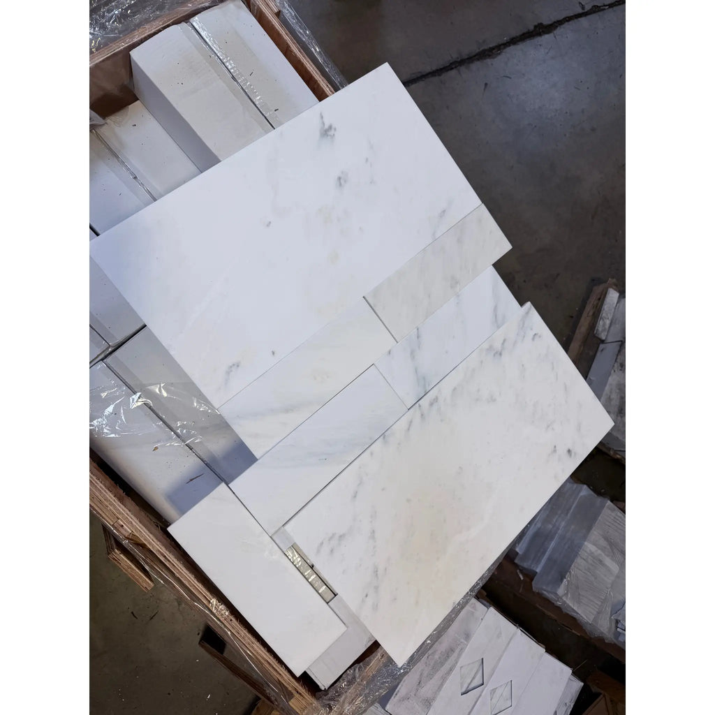 Oriental White Asian Statuary Marble 12x24 polished tiles in stacked pattern