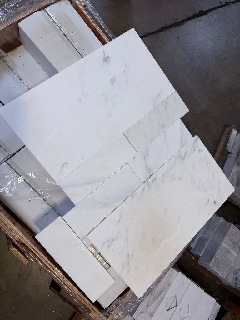 Oriental White Asian Statuary Marble 12x24 polished tiles in stacked pattern