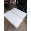 White marble-effect kitchen cabinet doors with oriental white asian statuary marble and light wood trim in minimalist design