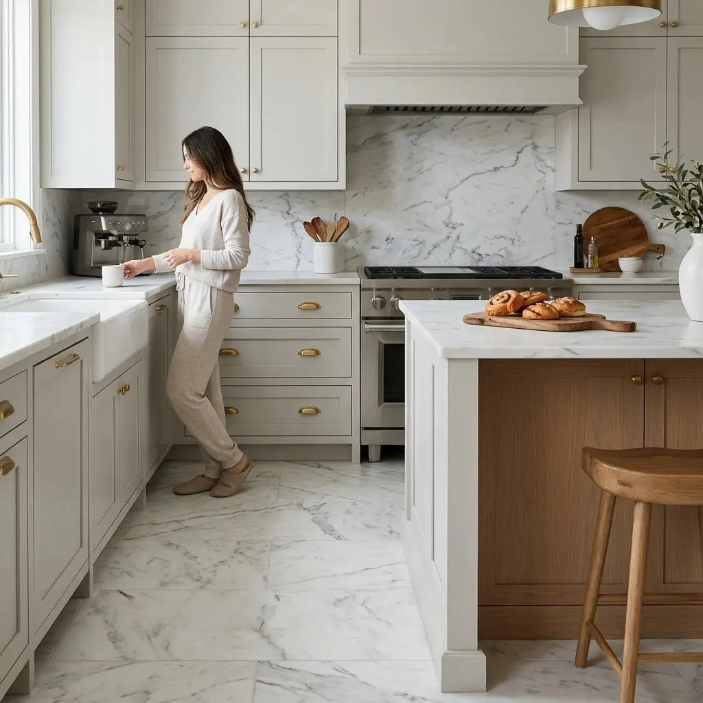 Woman in beige loungewear standing by kitchen sink featuring oriental white asian statuary marble 18x36 polished tile