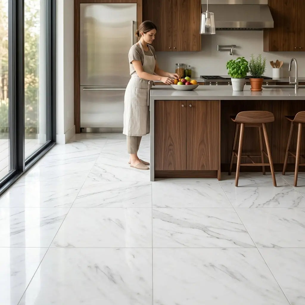 White marble-effect kitchen floor tiles with subtle gray veining oriental white asian statuary marble 24x24 polished or honed