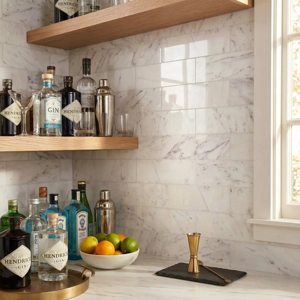 White marble subway tile backsplash in oriental white asian statuary marble 2x8 polished or honed finish