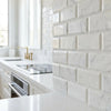 Oriental white asian statuary marble 3x6 deep-beveled polished-honed subway tile backsplash with gray veining and raised edges