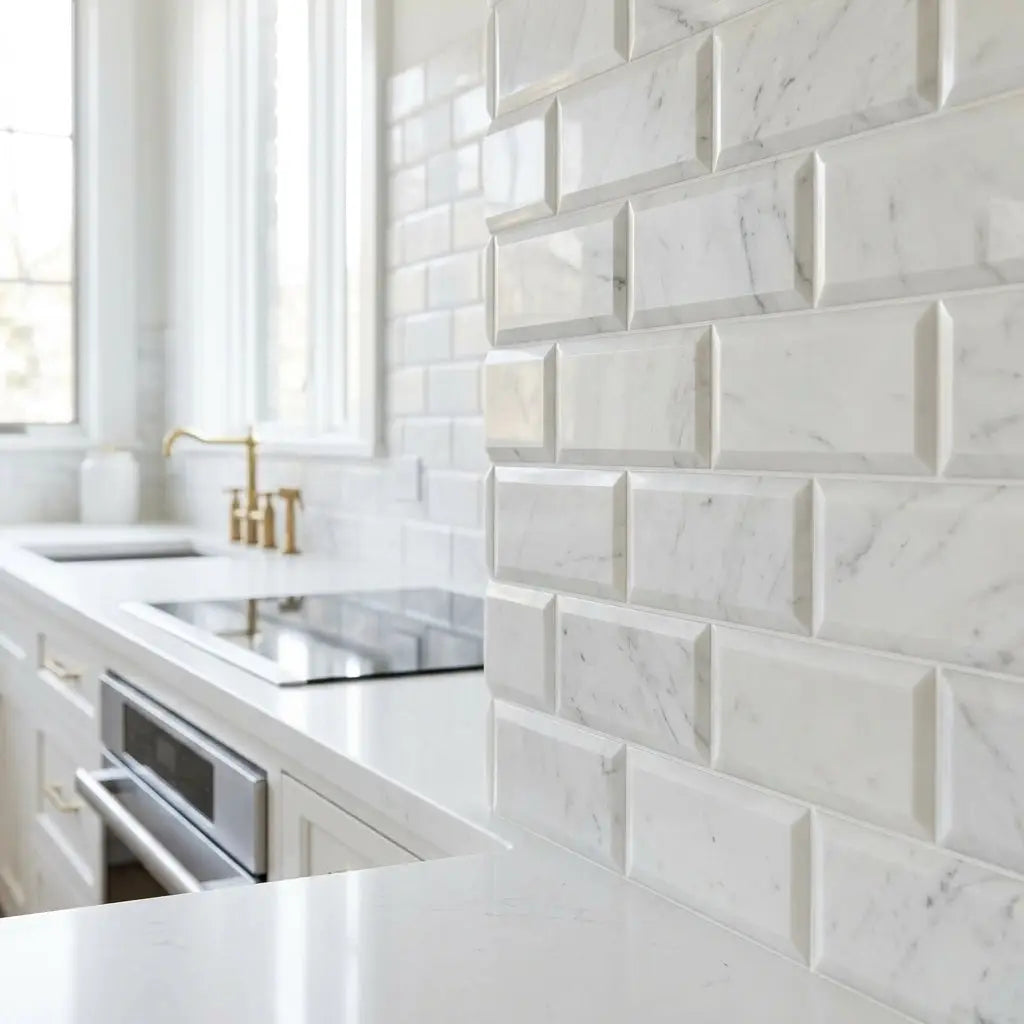 Oriental white asian statuary marble 3x6 deep-beveled polished-honed subway tile backsplash with gray veining and raised edges