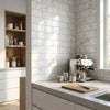 Silver espresso machine with sleek modern design and multiple control knobs paired with oriental white asian statuary marble 3x6 polished or honed tile