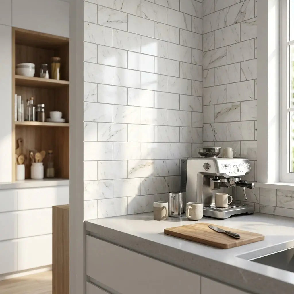 Silver espresso machine with sleek modern design and multiple control knobs paired with oriental white asian statuary marble 3x6 polished or honed tile