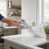 White marble subway tile oriental white asian statuary 4x12 deep beveled polished honed installed as kitchen backsplash