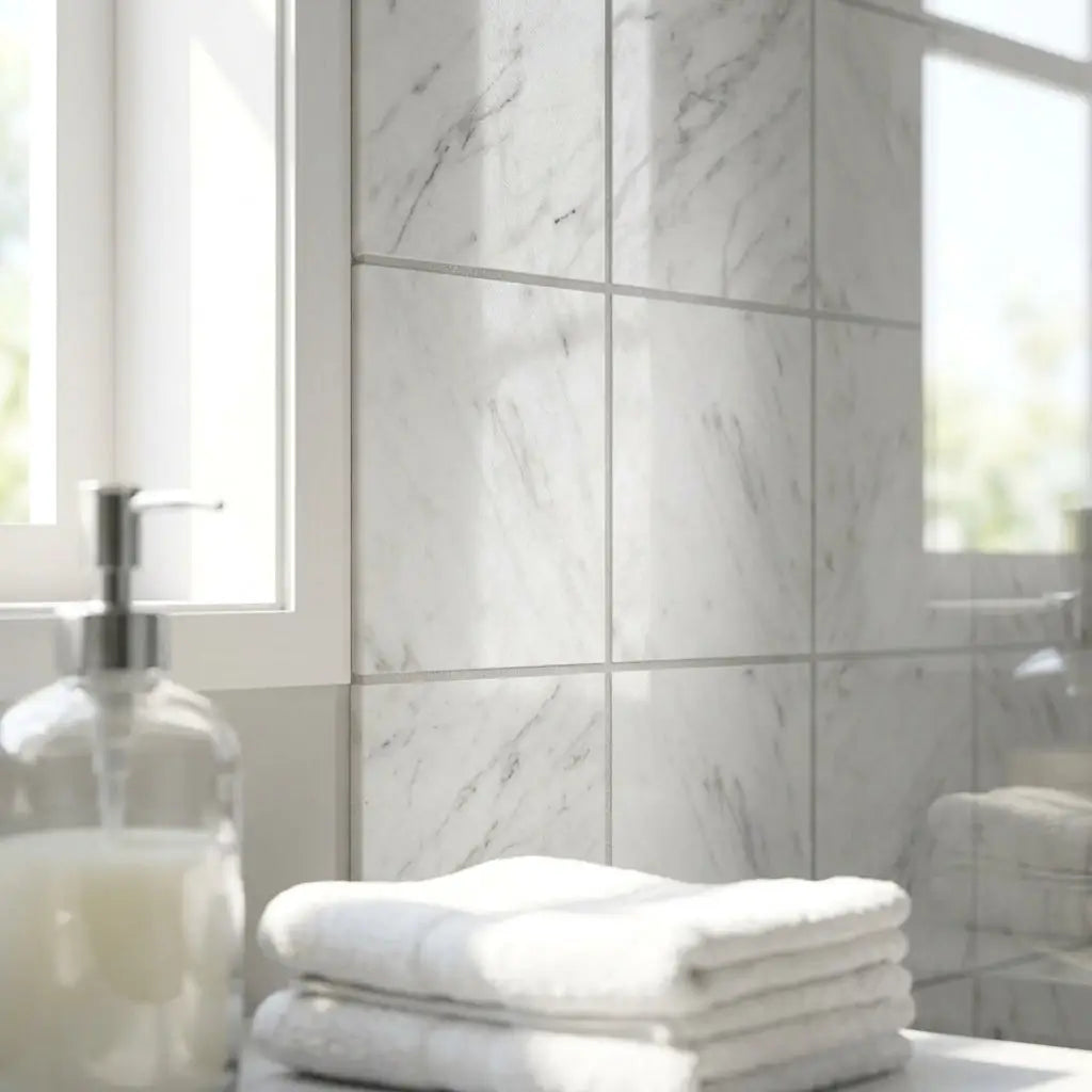 Stack of crisp white towels neatly folded on a bathroom counter with oriental white asian statuary marble 4x4 polished tiles