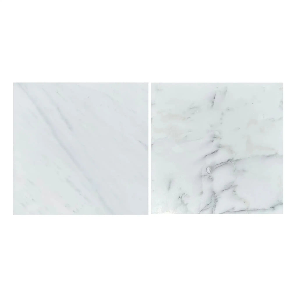 Two white marble tiles from the Oriental White Marble Shower Corner Shelf