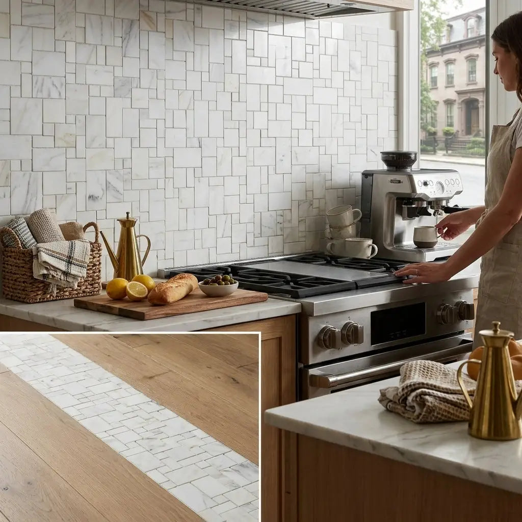 Oriental white asian statuary mini-versailles pattern marble mosaic with white marble subway tile backsplash and gray veining