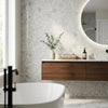 Oriental white asian statuary mini-versailles pattern marble mosaic with white marble subway tiles featuring subtle gray veining