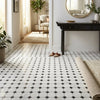 Black and white octagon mosaic tile flooring with oriental white and asian statuary marble in polished finish
