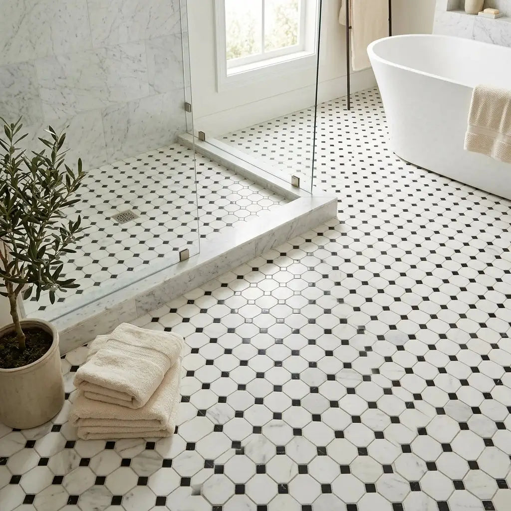 White and black hexagonal oriental white asian statuary octagon mosaic tile flooring with polished black marble accents