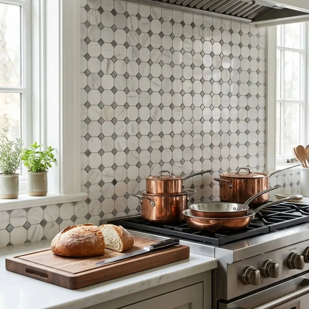 Set of copper cookware with stainless steel lids and handles arranged on gas stove with oriental white asian statuatory mosaic
