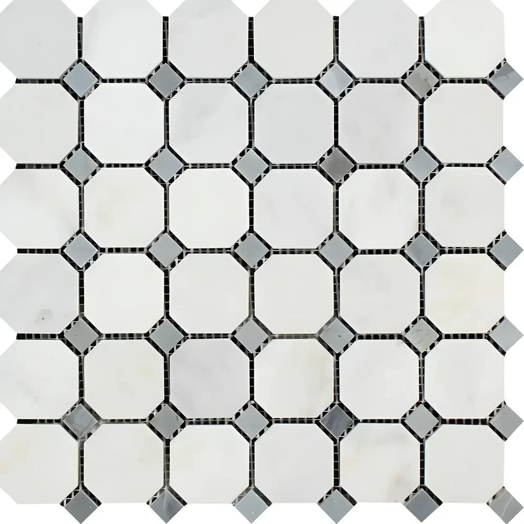 Oriental White and Asian Statuary Octagon Mosaic with Blue-Gray Marble tile pattern