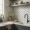 White and black hexagonal oriental white asian statuary octave marble mosaic tile backsplash with subtle veining pattern