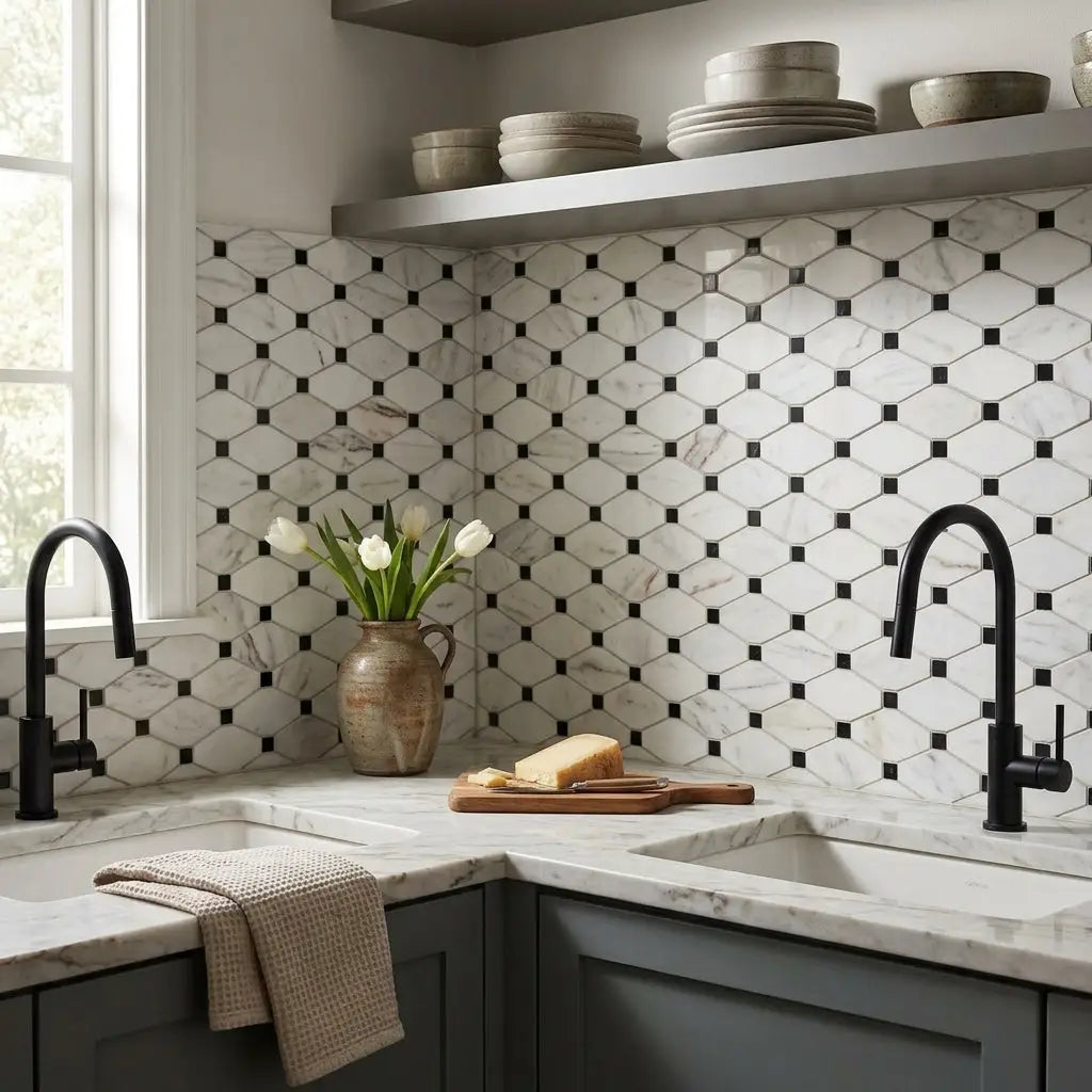White and black hexagonal oriental white asian statuary octave marble mosaic tile backsplash with subtle veining pattern