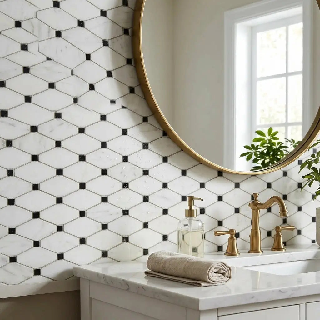 Gold-finished round mirror with minimalist frame above oriental white asian statuary marble mosaic sink countertop
