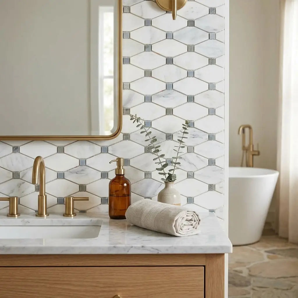 A rolled beige towel beside an amber soap dispenser and ceramic vase on oriental white asian statuary octave marble mosaic