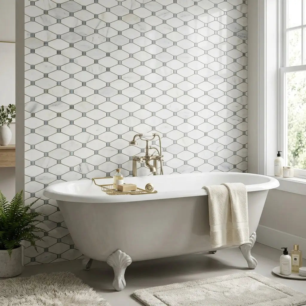 Oriental white Asian statuary octave marble mosaic with blue-gray polished hexagonal tile beside clawfoot bathtub